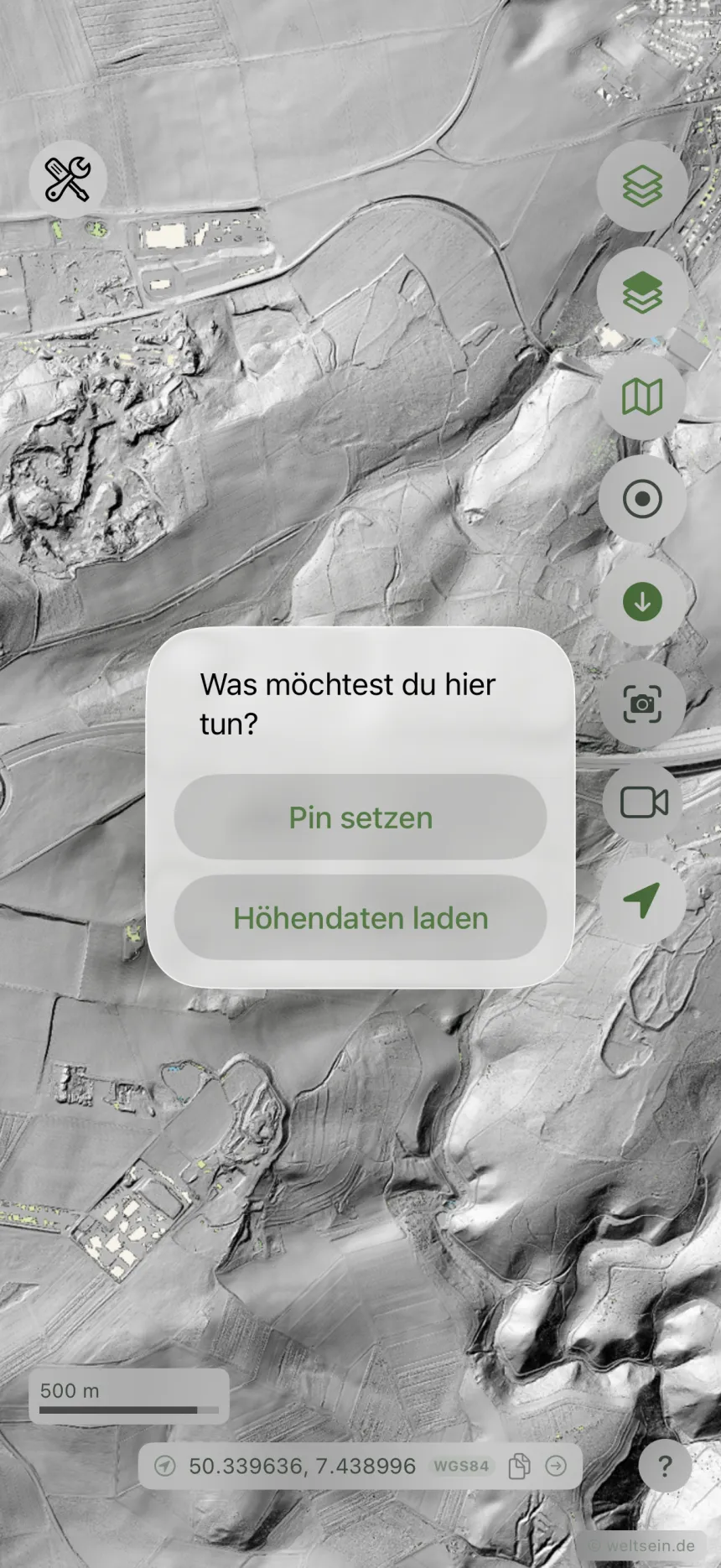 Lange drücken: Pin setzen oder Höhendaten laden